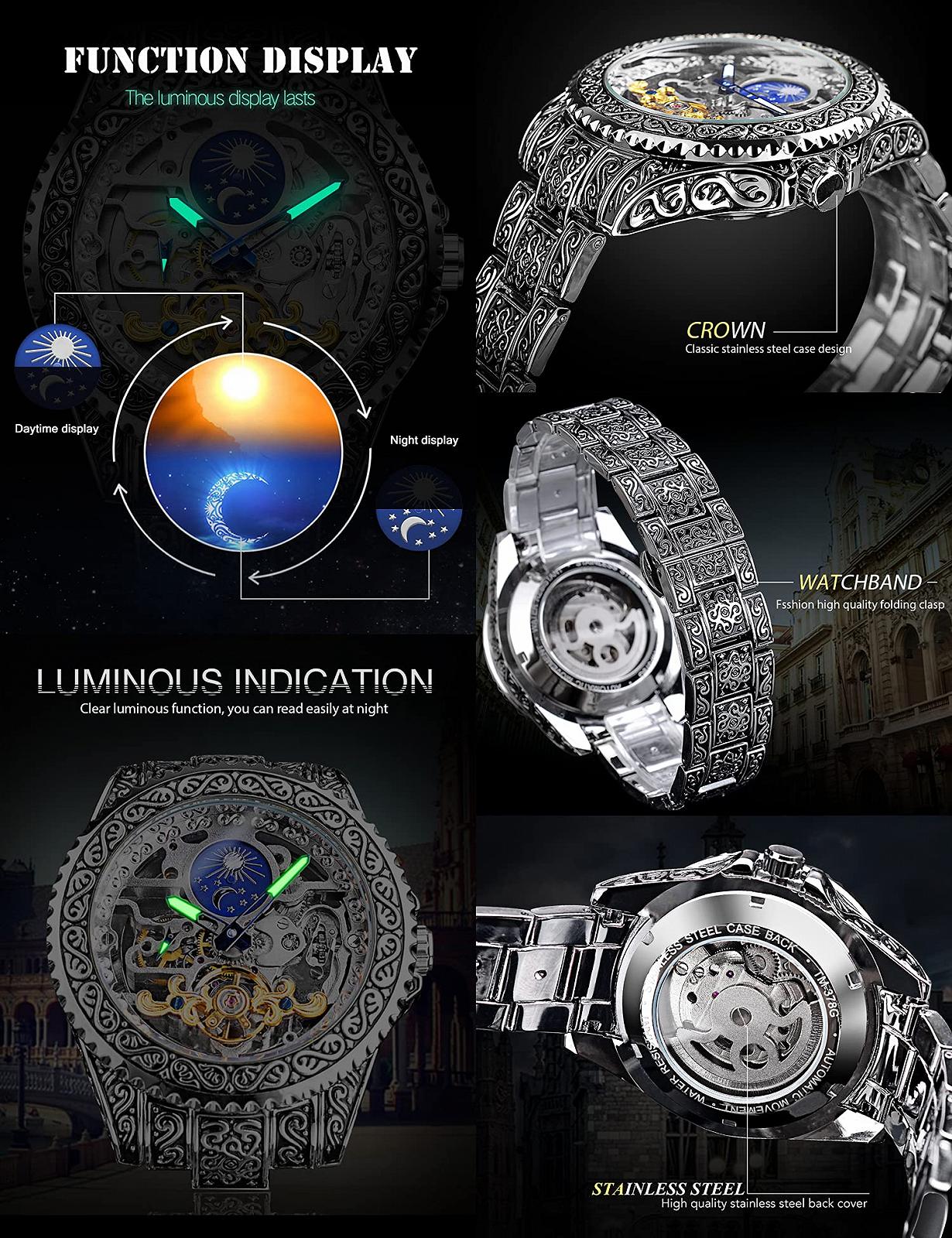 Часы FORSINING Retro Мужские Carved Self Winding Mechanical Tattoo Tourbillon Moon Phase Independent Second Skeleton Automatic Большой Циферблат Серебряный, серебряный, Браслет, фото №6