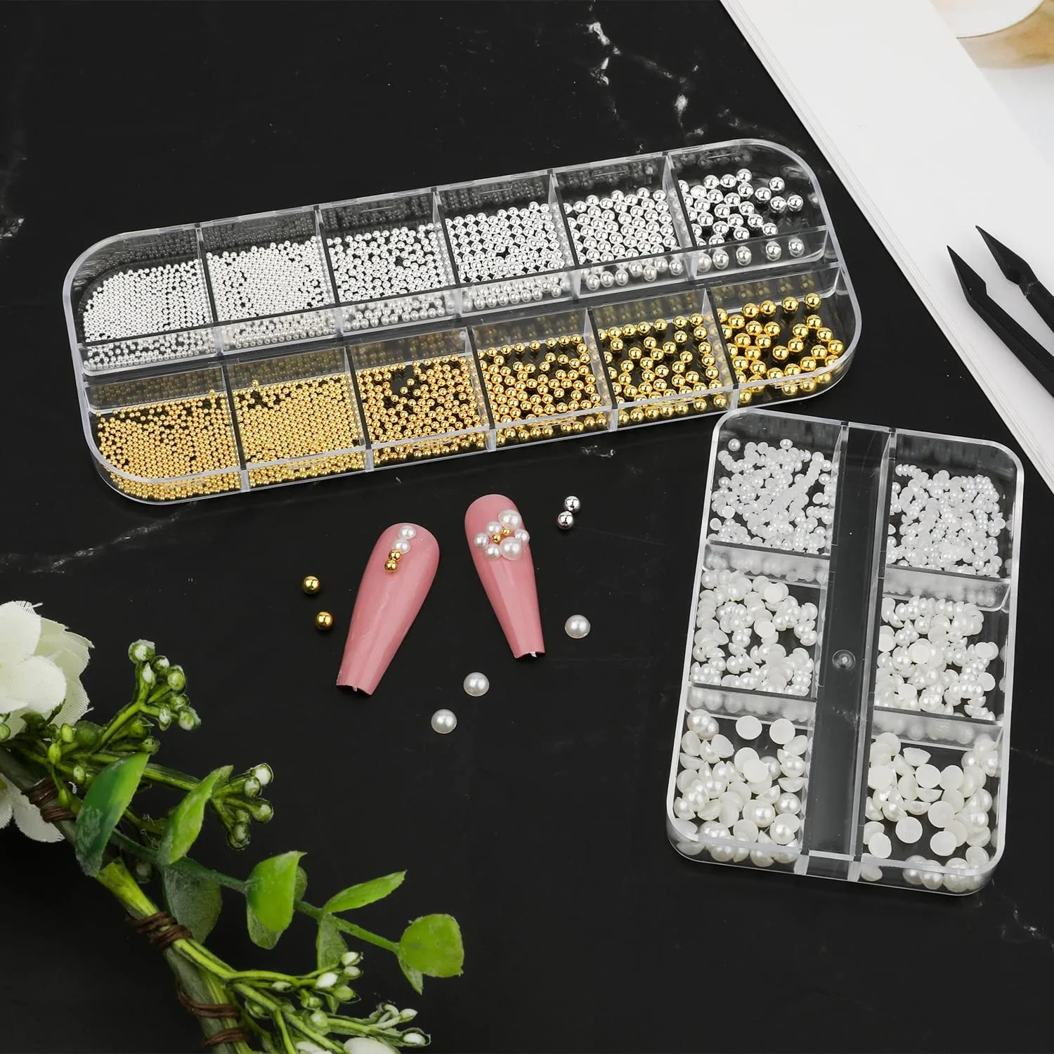 Бусины для дизайна ногтей BOXOB 2 коробки, 0.8 мм 5 мм, полукруглые бусины, плоские бусины для дизайна ногтей для DIY поделок, креативные аксессуары для маникюра (2 стиля), маленькие, фото №4