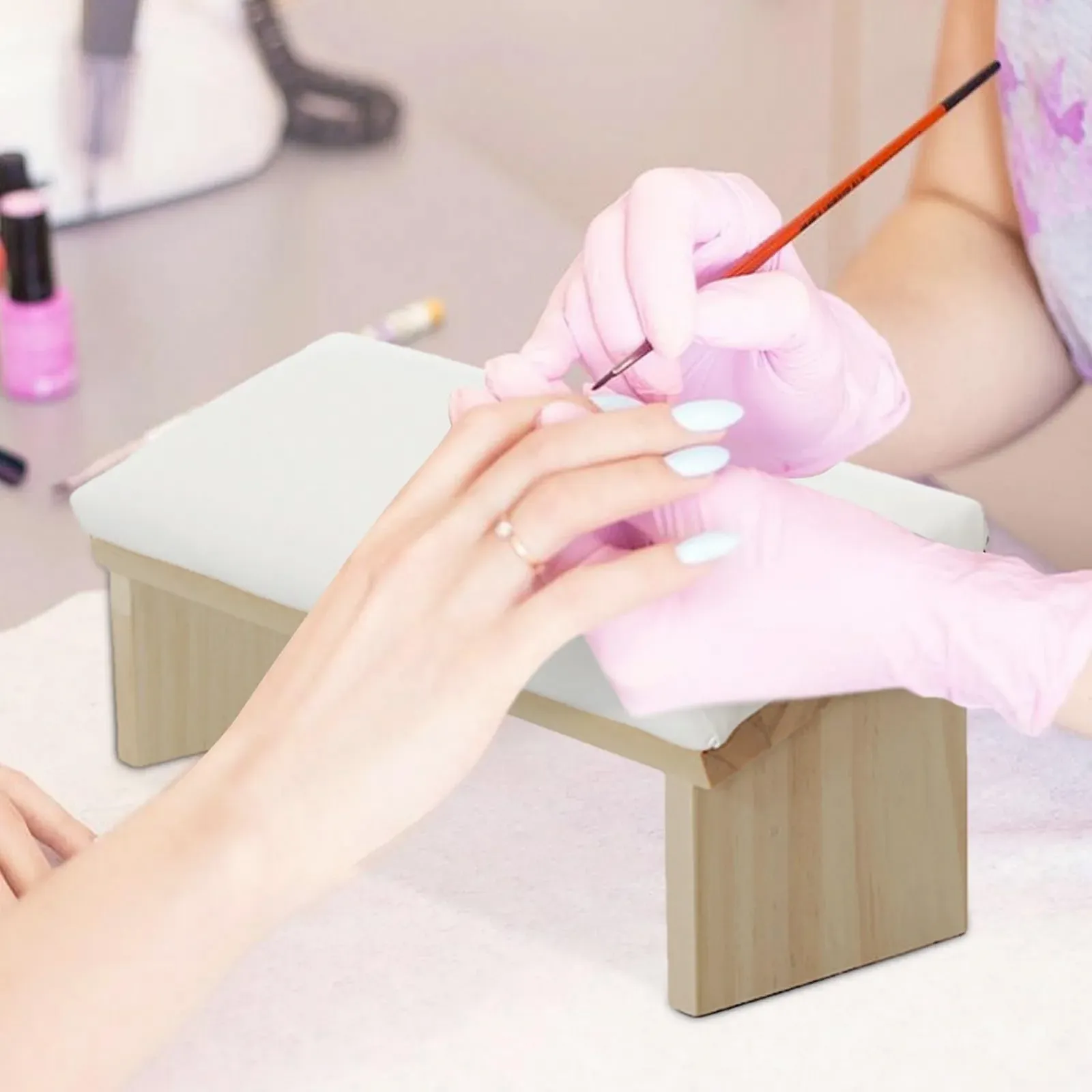 Підставка для рук манікюрна з похилою конструкцією Дерев'яна основа PU шкіряна подушка, фото №3