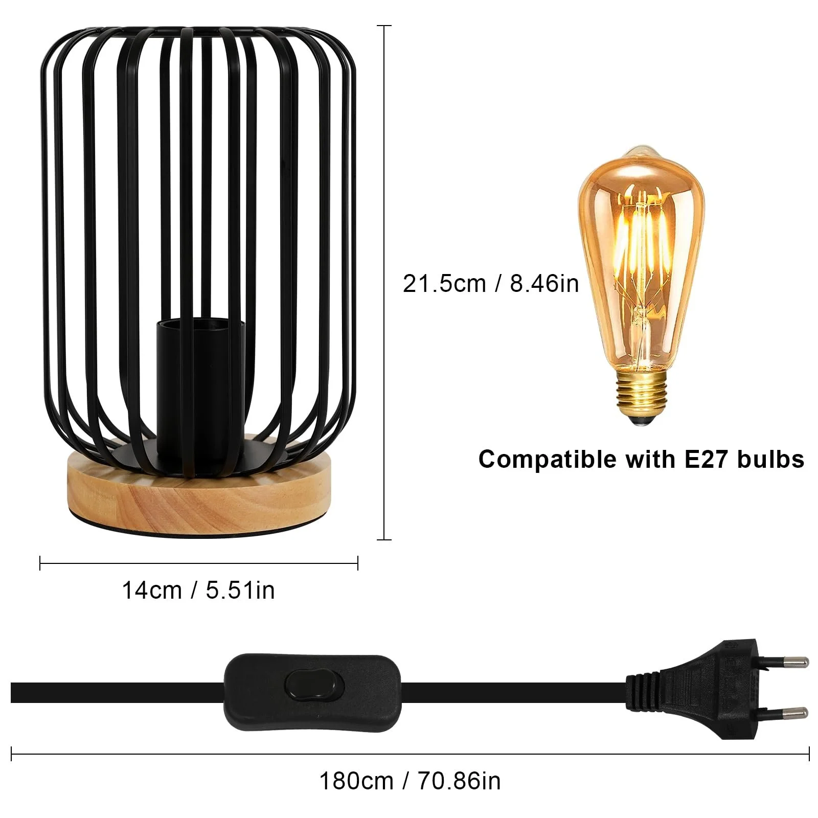 Настольная лампа Retro Vintage Industrial Металл Деревянное основание E27 60 Вт Черная, фото №5