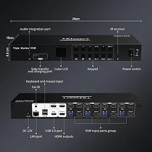 KVM-перемикач TESmart HKS403-P23 з РК-дисплеєм / 4 ПК / 3 Монітори / 4K@60Hz / USB-хаб / LAN / EDID / Чорний synthetic.ua - Фото 1