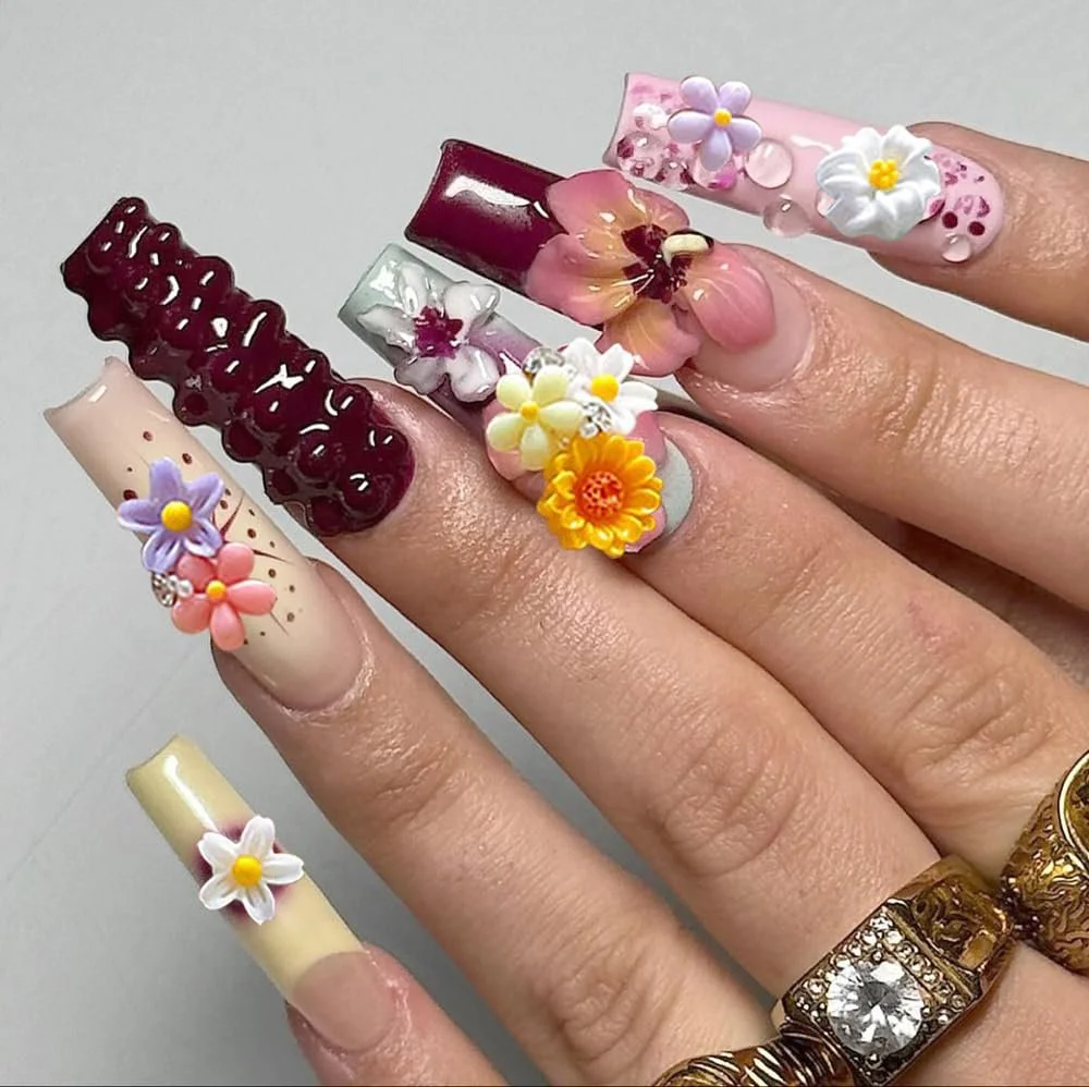 Квіти 3D для нігтів, набір 100 шт, різнокольорові, маленькі, смола, фото №6