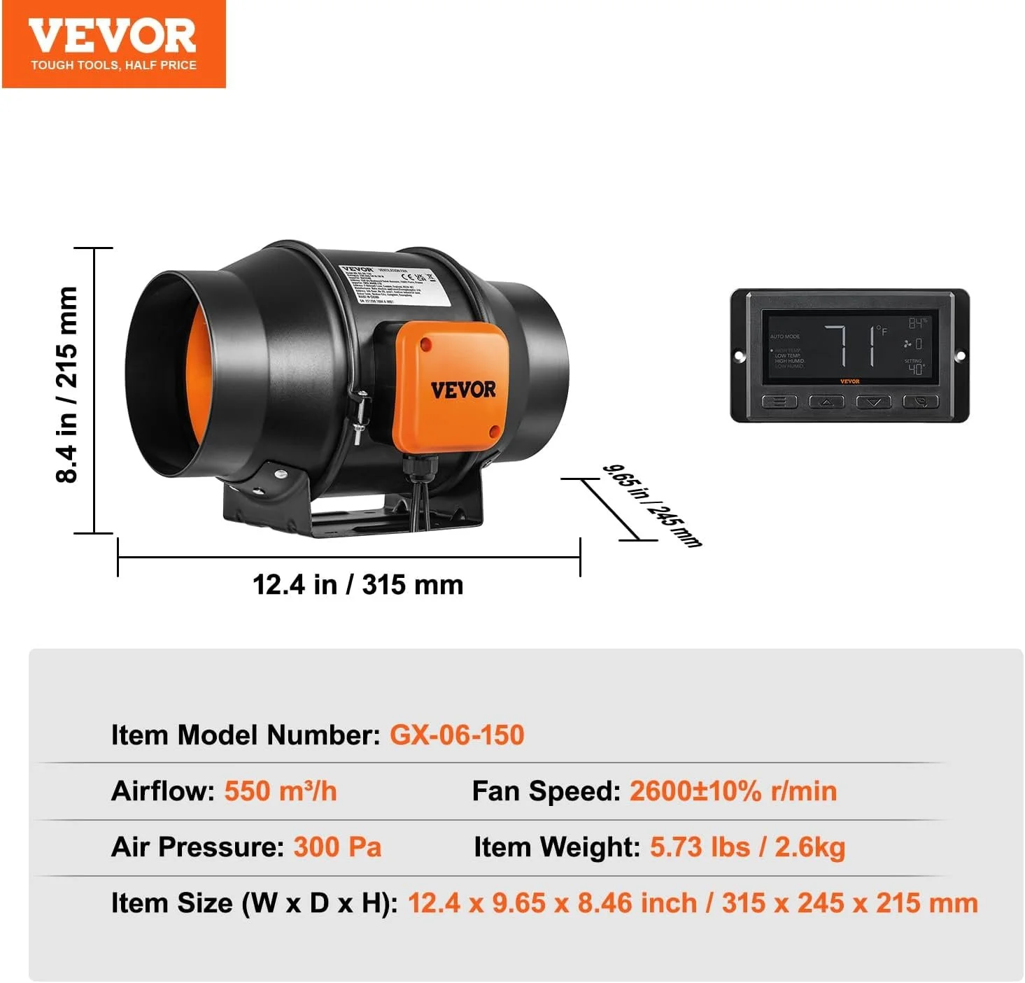 Канальний вентилятор VEVOR GX-06-150 з контролером температури та вологості / 150 мм / Тихий / Чорний-Оранжевий, фото №2