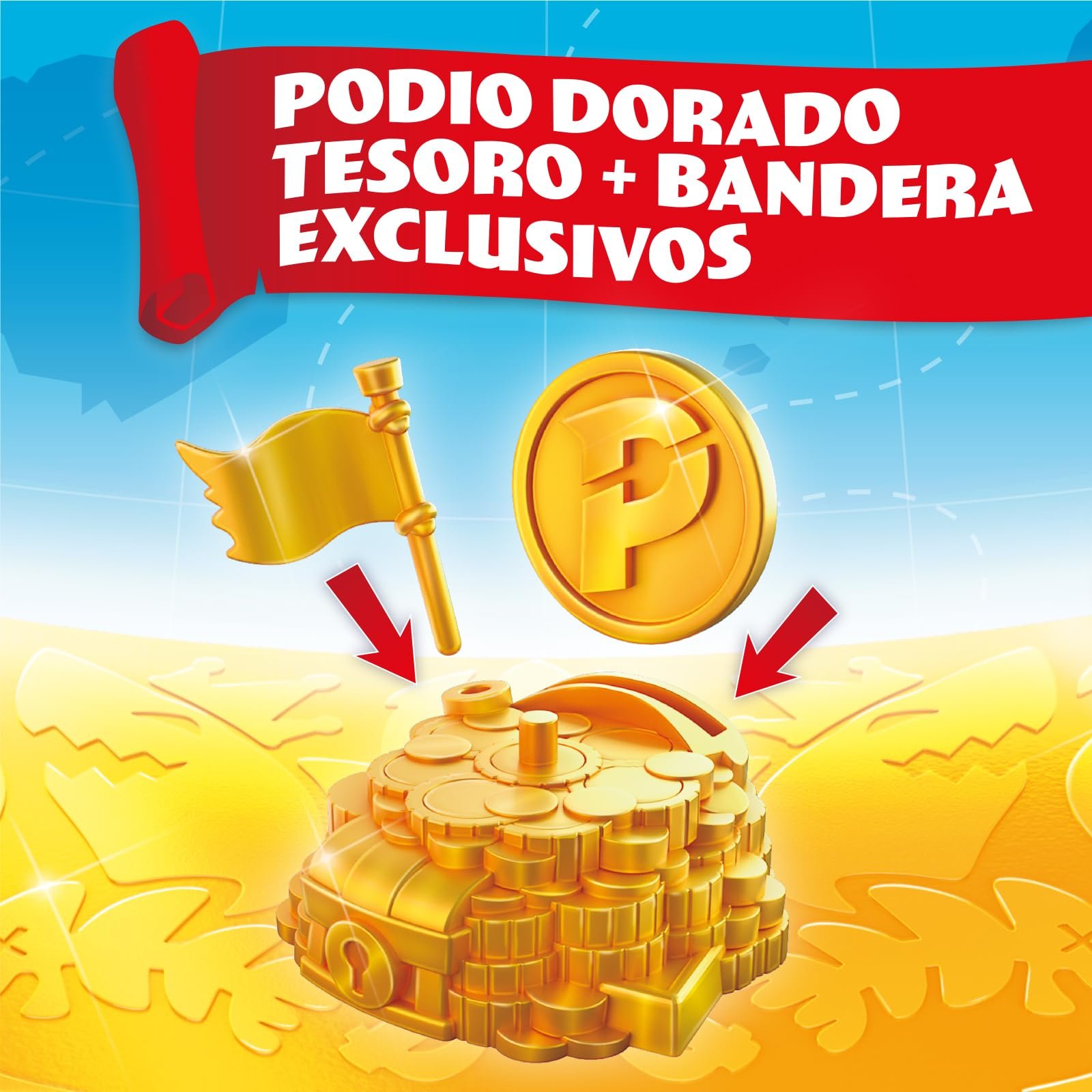 Игровая Фигурка PIRATIX ADVENTURE WORLD Golden Treasure Series Gold Pack The Rebels Crew, 5 Piratix Сюрприз, 1 Эксклюзивное Сокровище, 1 Эксклюзивный Флаг, 1 Подиум, 6 Аксессуаров, Капитан Golden Ollie, фото №3