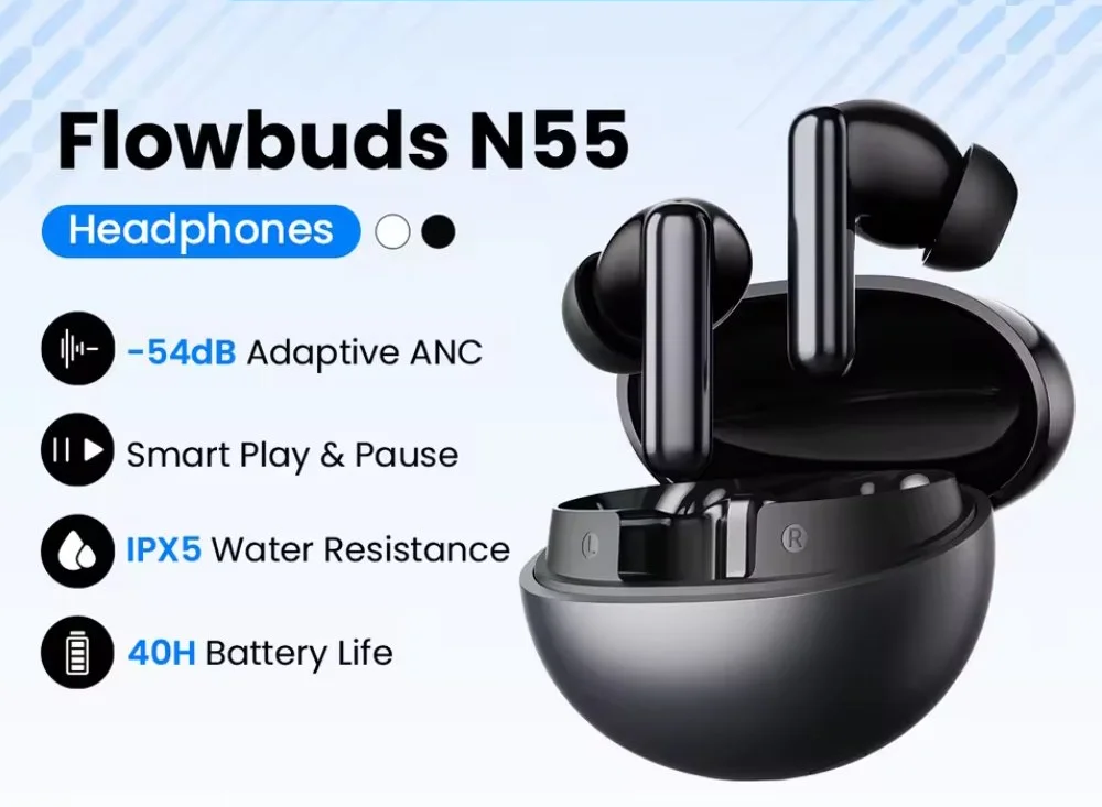 Навушники HAYLOU Flowbuds N55 Black LDAC Hi-Res Audio 54dB ANC IPX5, фото №1