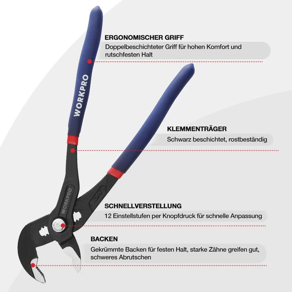 Клещи переставные WORKPRO Professional 250 мм, трубный ключ из Cr-V стали, регулируемый быстросъемный с пазом скользящего соединения Макс. открытие: 43 мм, фото №5 Клещи переставные WORKPRO Professional 250 мм, трубный ключ из Cr-V стали, регулируемый быстросъемный с пазом скользящего соединения Макс. открытие: 43 мм, фото №5