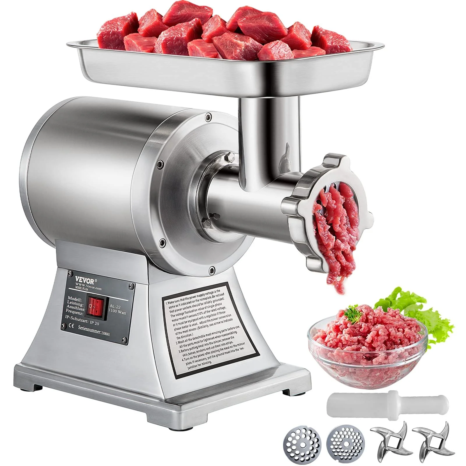 Мясорубка VEVOR электрическая, 850 Вт, 150 кг/час, 448 x 210 x 387 мм, нержавеющая сталь, 193 об/мин, фото №1