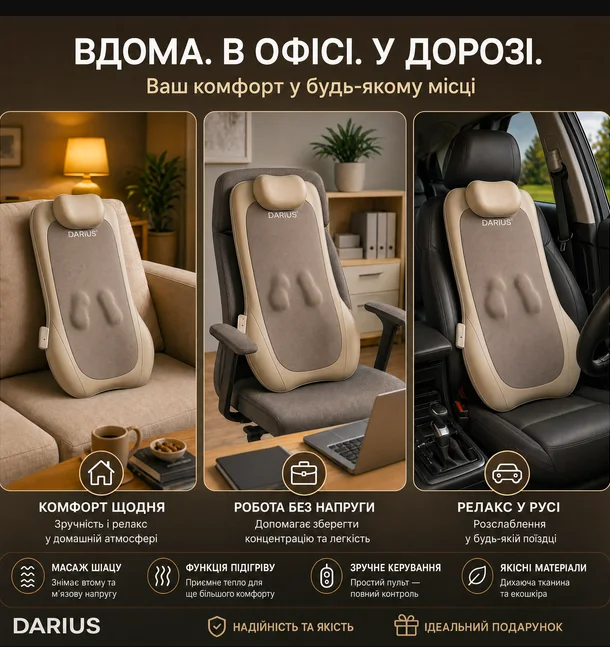Массажная подушка Darius DRS-310C для шеи и спины с подогревом, роликовый массажер для плеч и поясницы, фото №6 Массажная подушка Darius DRS-310C для шеи и спины с подогревом, роликовый массажер для плеч и поясницы, фото №6
