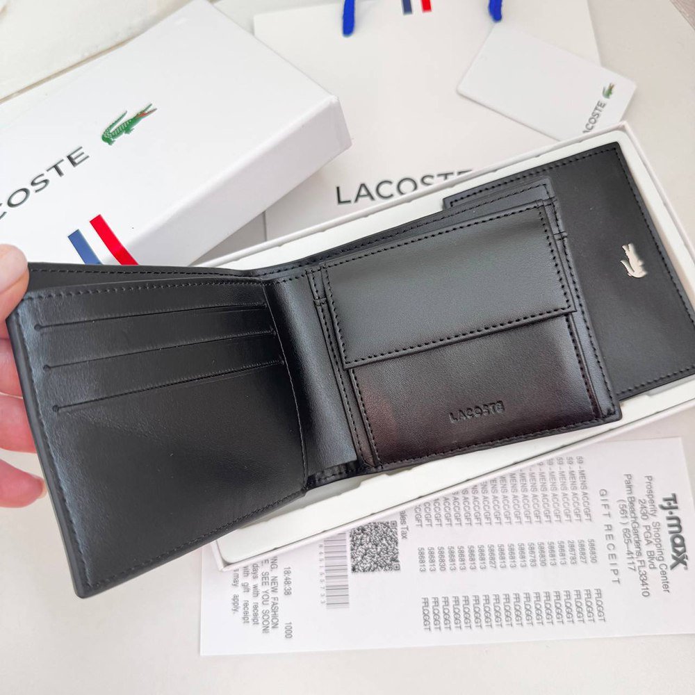 Чоловіче брендовий гаманець із натуральної шкіри Lacoste чорний в подарунковій коробці з картхолдером, фото №5