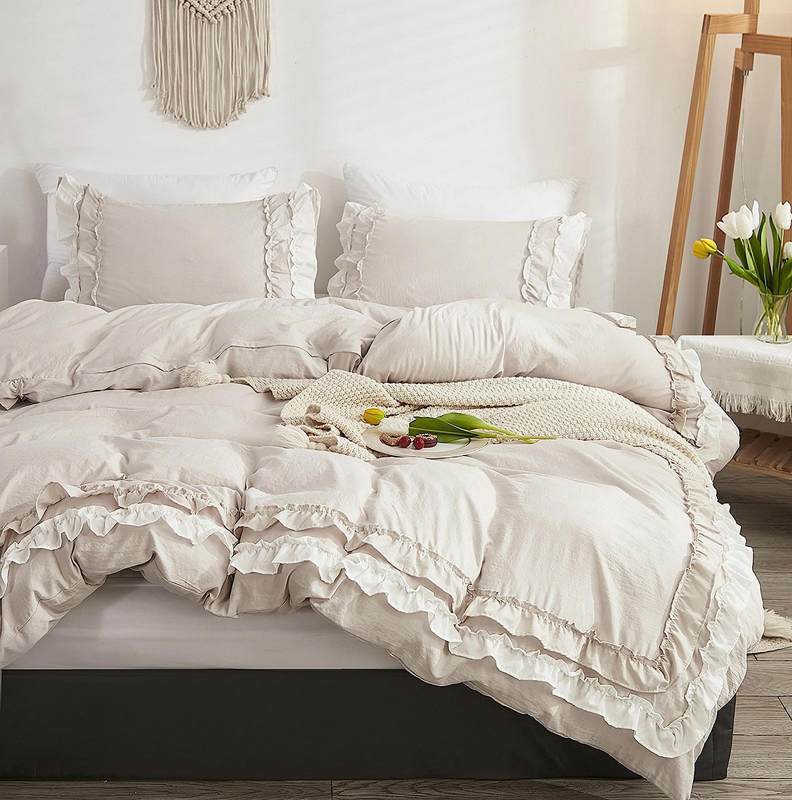 Постільна білизна Getiya з оборками Romantic 135 x 200 см, бежева (1 наволочка 80 x 80 см), фото №1