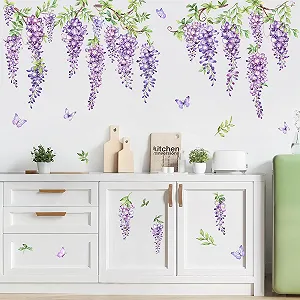 Наклейка на стіну Supzone Flowers Квіти гліцинії що звисають фіолетова для спальні та вітальні synthetic.ua - Фото 1