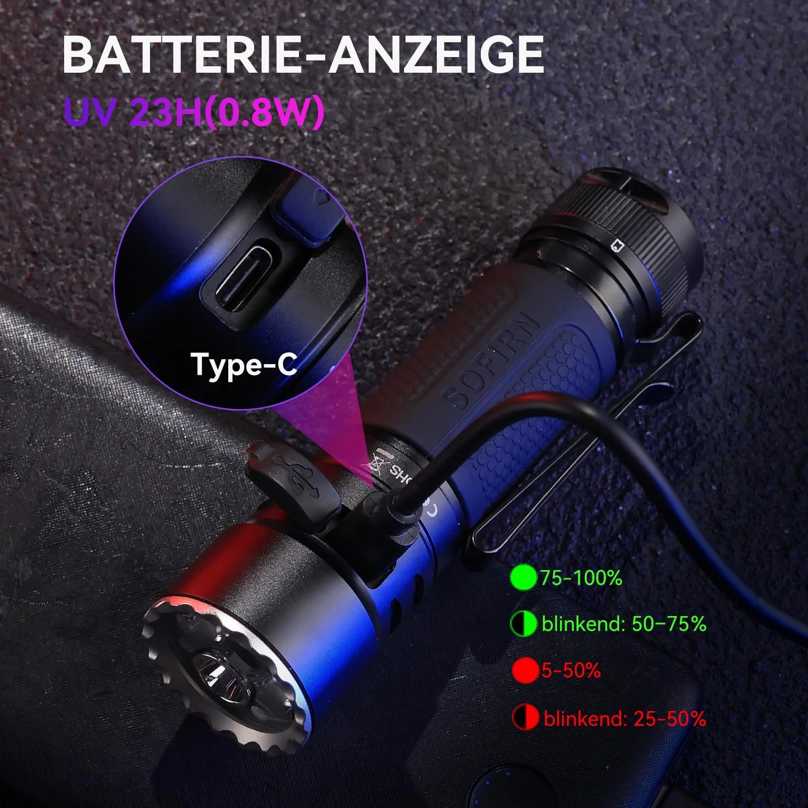 Фонарь SOFIRN SR23 с УФ лампой 3300 лм, 365 нм, черный, фото №5