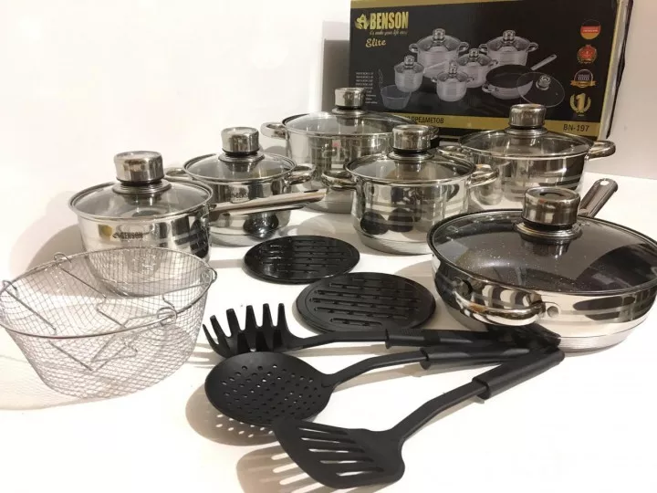 Набор посуды из нержавеющей стали Benson BN-197 с крышками 18 предметов par_BN 197, фото №1