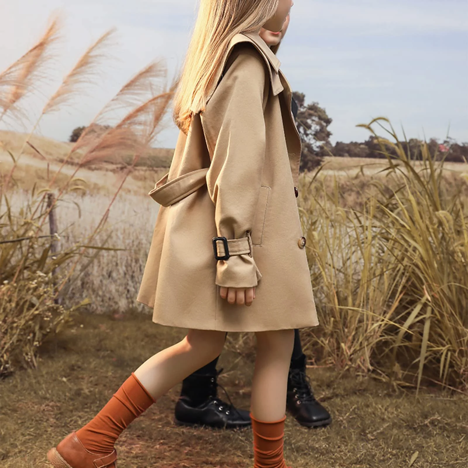 Тренч Amropi для девочек, с длинными рукавами, с поясом, однотонная ветровка, парка для возраста 4-15 лет, фото №3