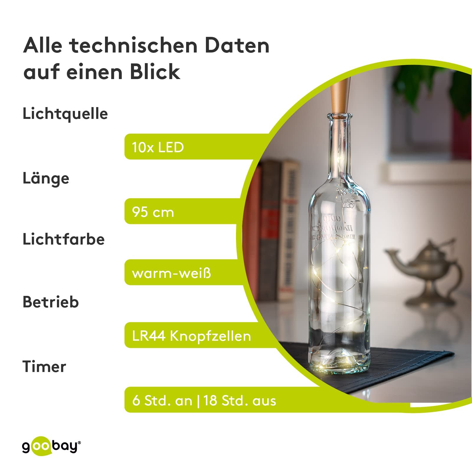 Гірлянда goobay для пляшок 3 x 10 LED, 1 м, прозора, безбарвна (3 батарейки LR44 в комплекті), фото №6