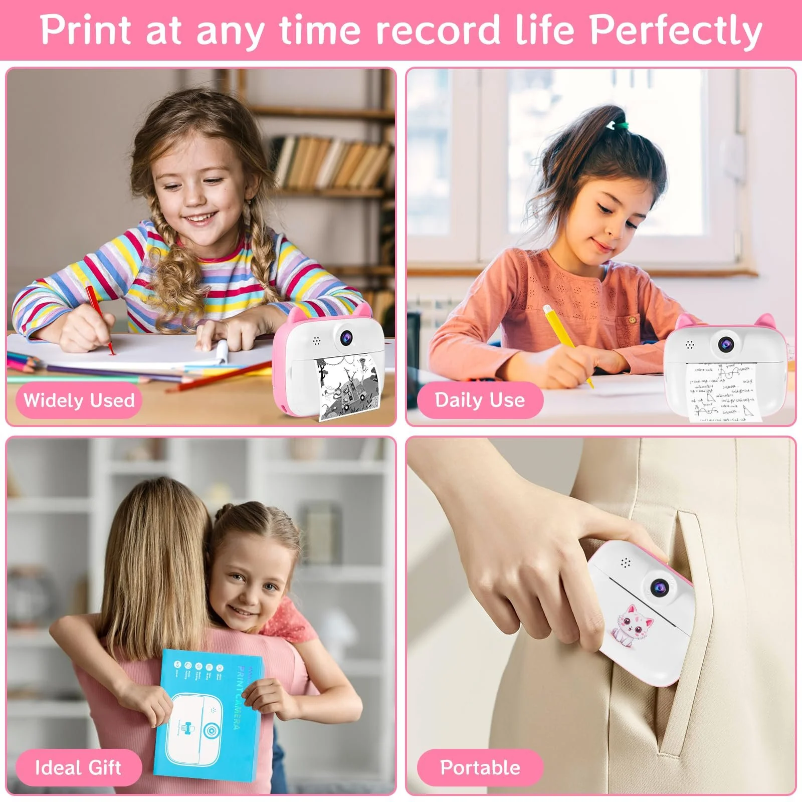 Детская фотокамера мгновенной печати 12MP 2.4-дюймовый экран 1080P с картой 32G, бумагой для печати и цветными ручками, фото №4