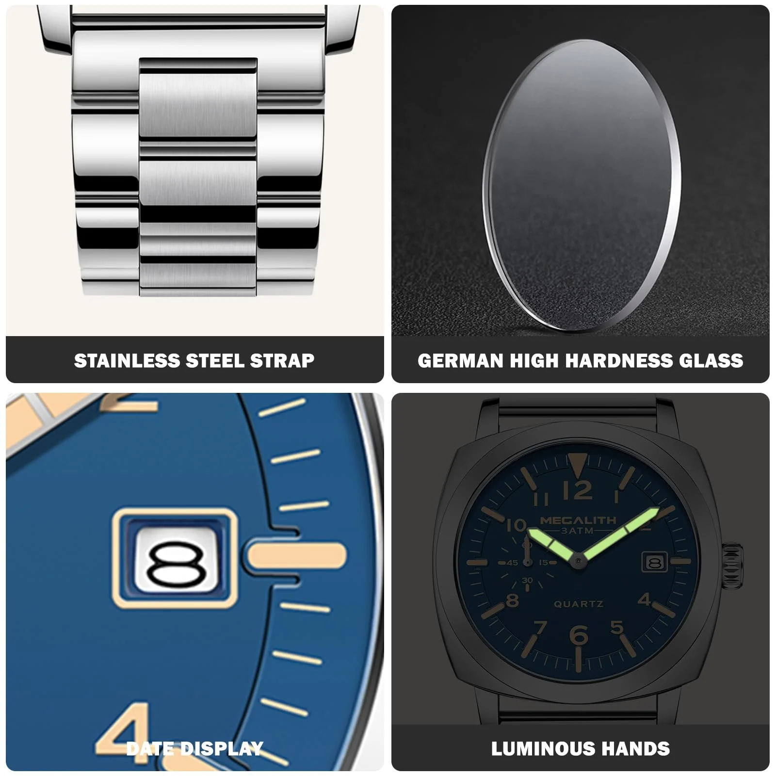 Часы MEGALITH Водонепроницаемые Мужские Аналоговые Кварцевые Наручные Часы Серебряные Военные Спортивные Уличные Крутые, фото №4