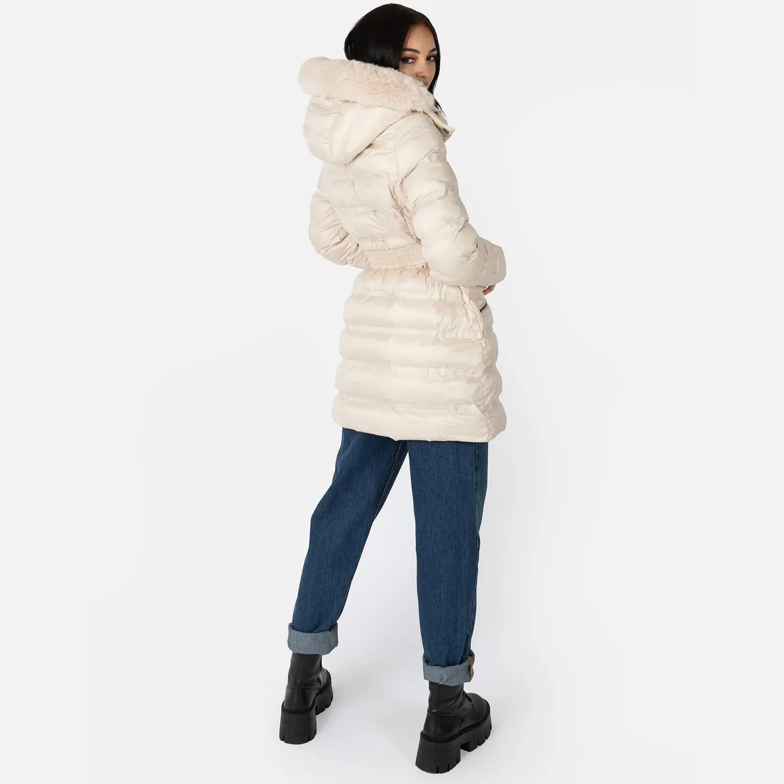 Зимова Куртка Lovedrobe Пухова Стiбана з Поясом Кишенями та Штучним Хутряним Оздобленням, фото №7