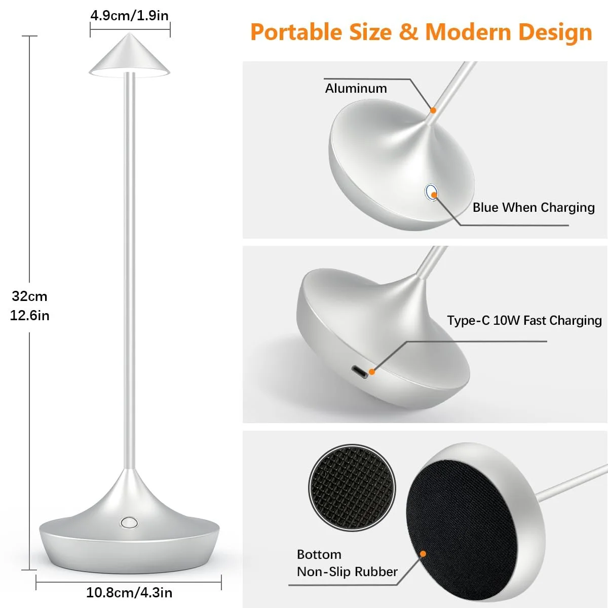 Настільна лампа LED bravzurg Бездротова 6000 мАг Алюміній Димування IP-захист Срібляста, фото №5