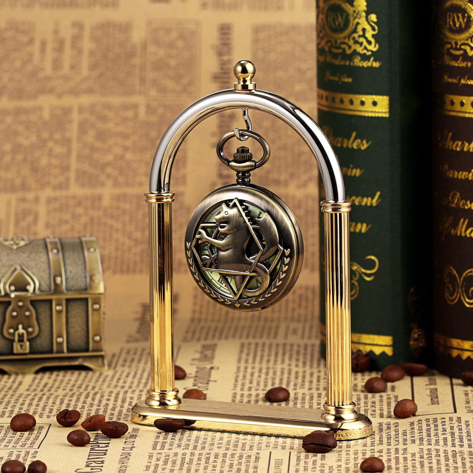 Кишеньковий годинник TREEWETO Unisex Mechanical Double Cover Full Metal Alchemist Luminous Skeleton Steampunk з ланцюжком Бронзовий, фото №6