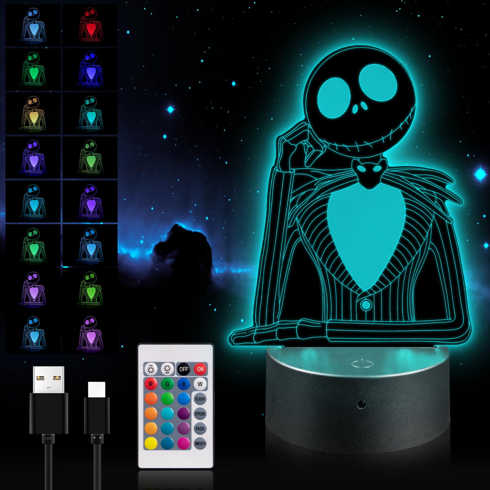 Лампа 3D LED Moocuca з ілюзією, нічник з дистанційним керуванням, 16 кольорів, регульована яскравість, фото №1
