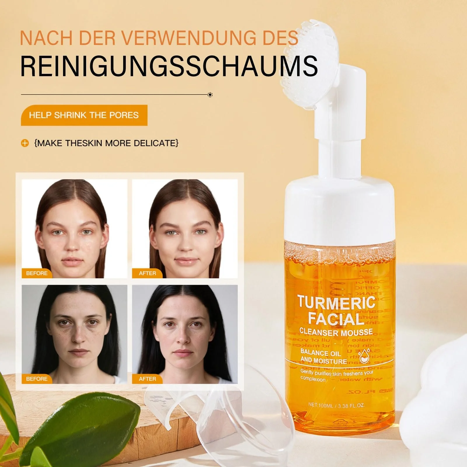 Пенка для умывания для лица с куркумой 100 мл, Очищающее средство для лица с куркумой, Ультрамягкая пенка для умывания, Средство для умывания с витамином C против темных пятен, для глубокого очищения и увлажнения, фото №4