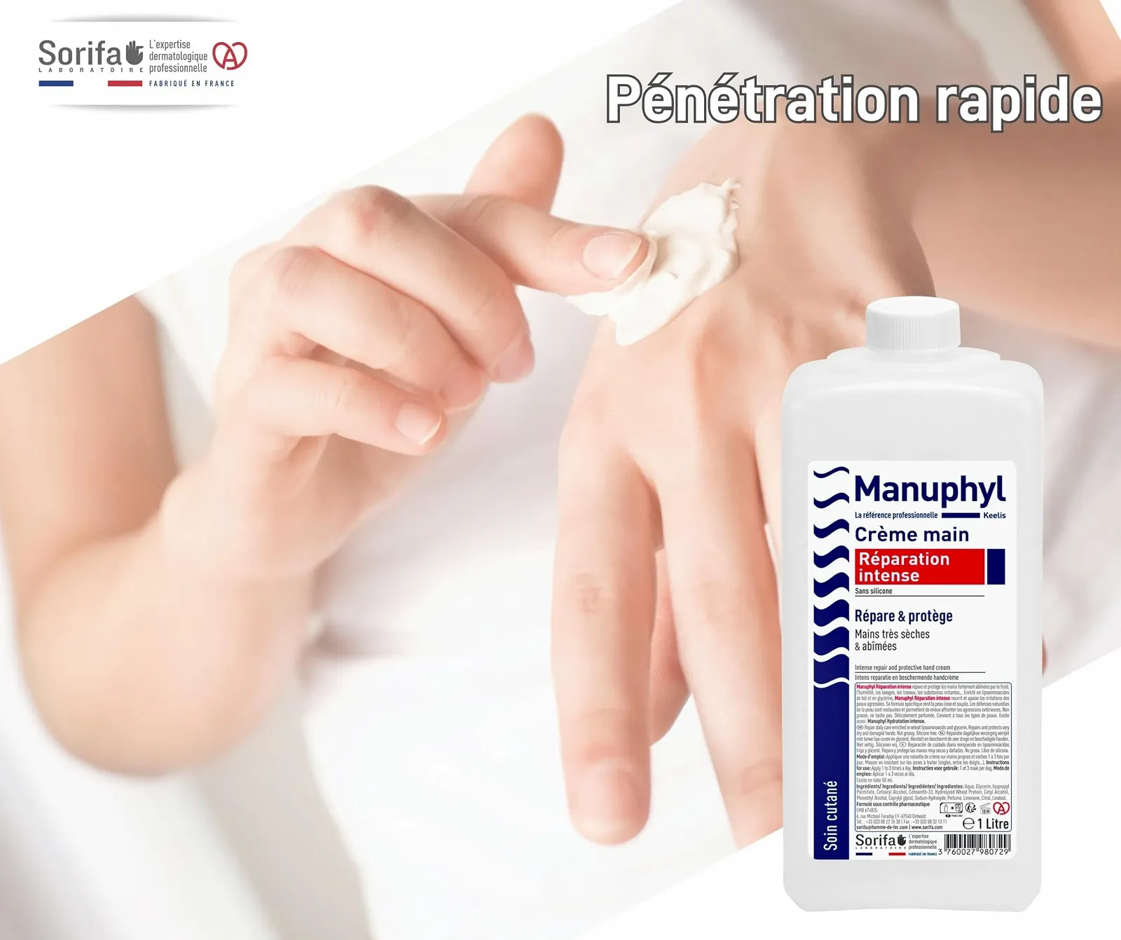 Крем Manuphyl Интенсивное восстановление для очень сухой и поврежденной кожи рук - с низким содержанием жира, с легким ароматом, обогащенный глицерином и протеинами пшеницы - бутылка 1 литр, фото №4 Крем Manuphyl Интенсивное восстановление для очень сухой и поврежденной кожи рук - с низким содержанием жира, с легким ароматом, обогащенный глицерином и протеинами пшеницы - бутылка 1 литр, фото №4