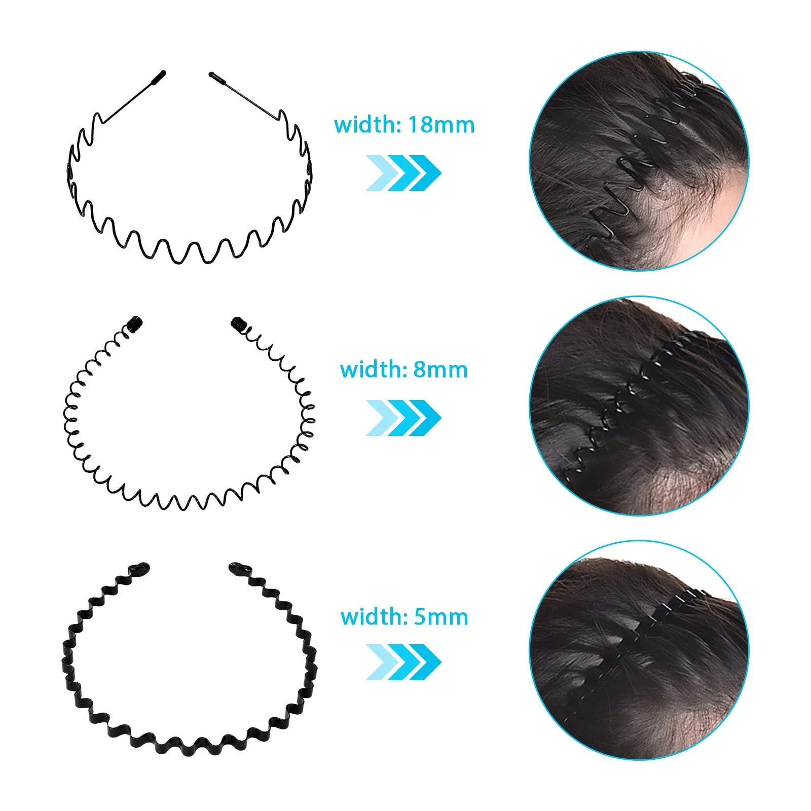 Набір металевих обручів для волосся 3 шт, Чорний, фото №2