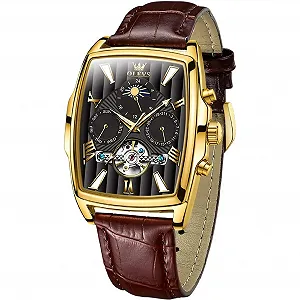 Мужские Квадратные Автоматические OLEVS Роскошные Скелетон Коричневый Дышащий Кожаный Ремешок Многофункциональный Календарь Водонепроницаемые Фаза Луны Стильные synthetic.ua - Фото 1