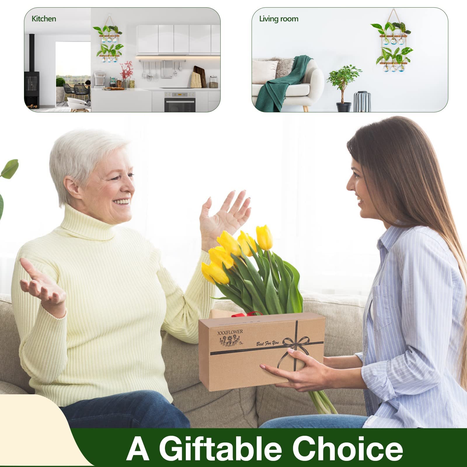 Настінна станція для розмноження рослин XXXFLOWER Wall Hanging 3 Bulbs 2 Tier Скляна з дерев'яною підставкою, фото №5