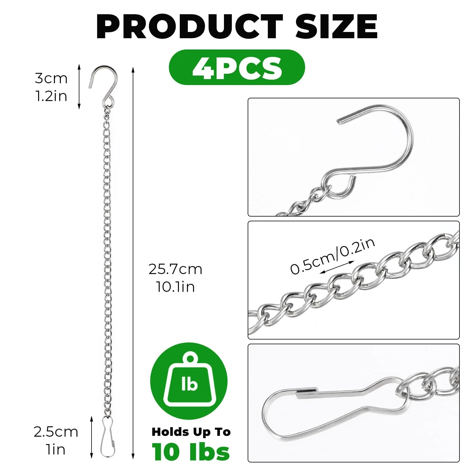 Ланцюги для підвісних кошиків 4 шт 25.7 см з кліпсами та S-подібними гачками сріблясті, фото №2