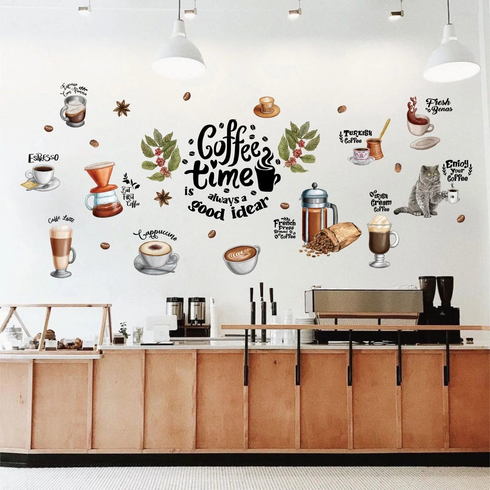 Набор наклеек на стену Coffee Time Кухня Кофе Кот Чашка Зерна 36 шт, фото №3