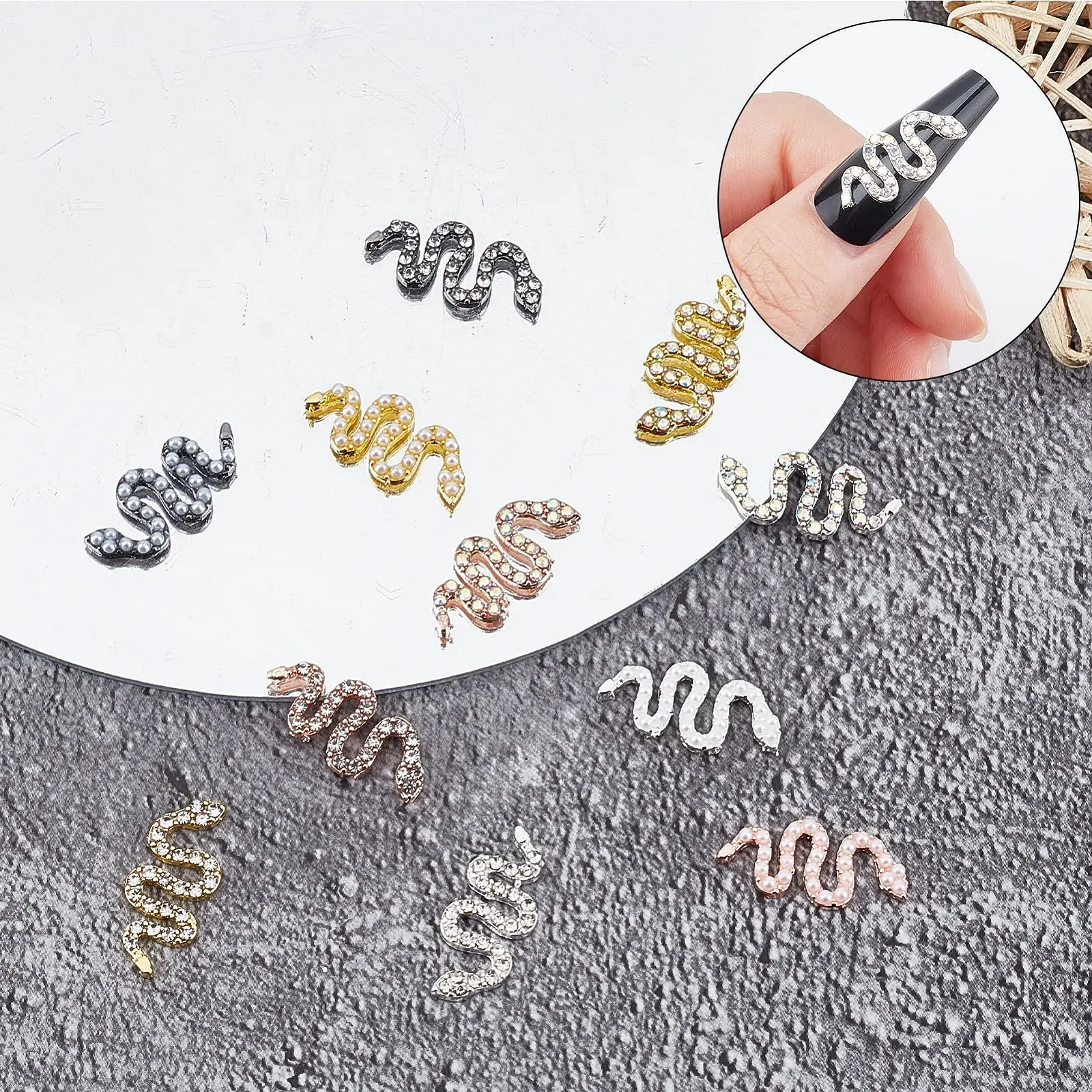 Стрази для нігтів Змія NICENEEDED 3D Хвиляста Змія з повними діамантовими намистинами Рожеве золото та срібло, фото №6