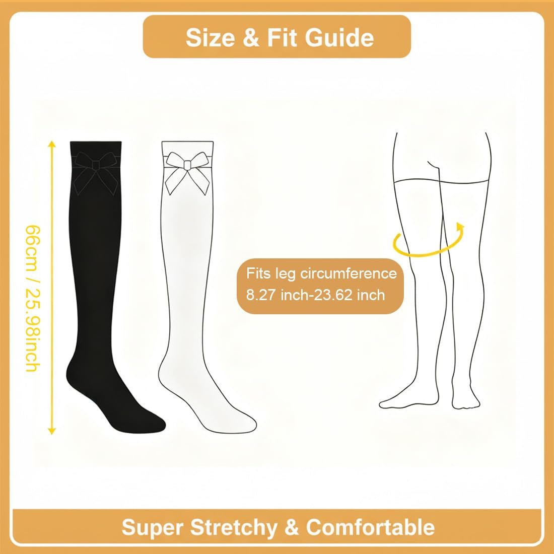 Чулки выше колена с бантом Женские в полоску Хлопковые Длинные Черный + Белый (2 пары), фото №2