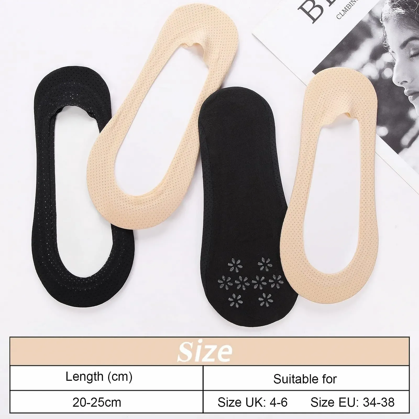 Балетки MELLIEX 4 пары, Женские невидимые носки, дышащие хлопковые нейлоновые носки-лодочки с нескользящим силиконом, черный, бежевый, фото №7