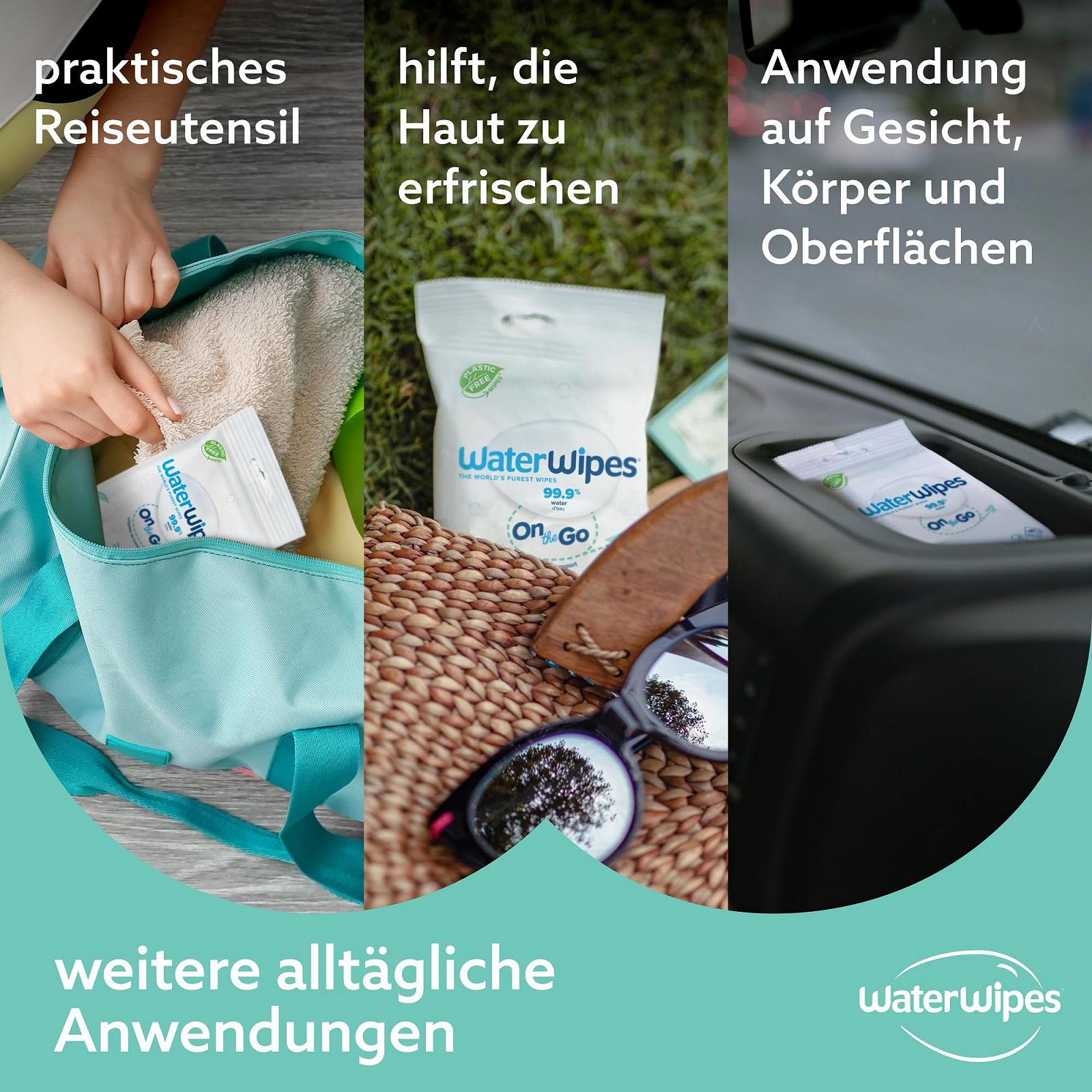 Серветки WaterWipes дорожные, 100 штук (10 упаковок), влажные серветки на 99.9% на водной основе, идеальны для путешествий, лица и тела, фото №6