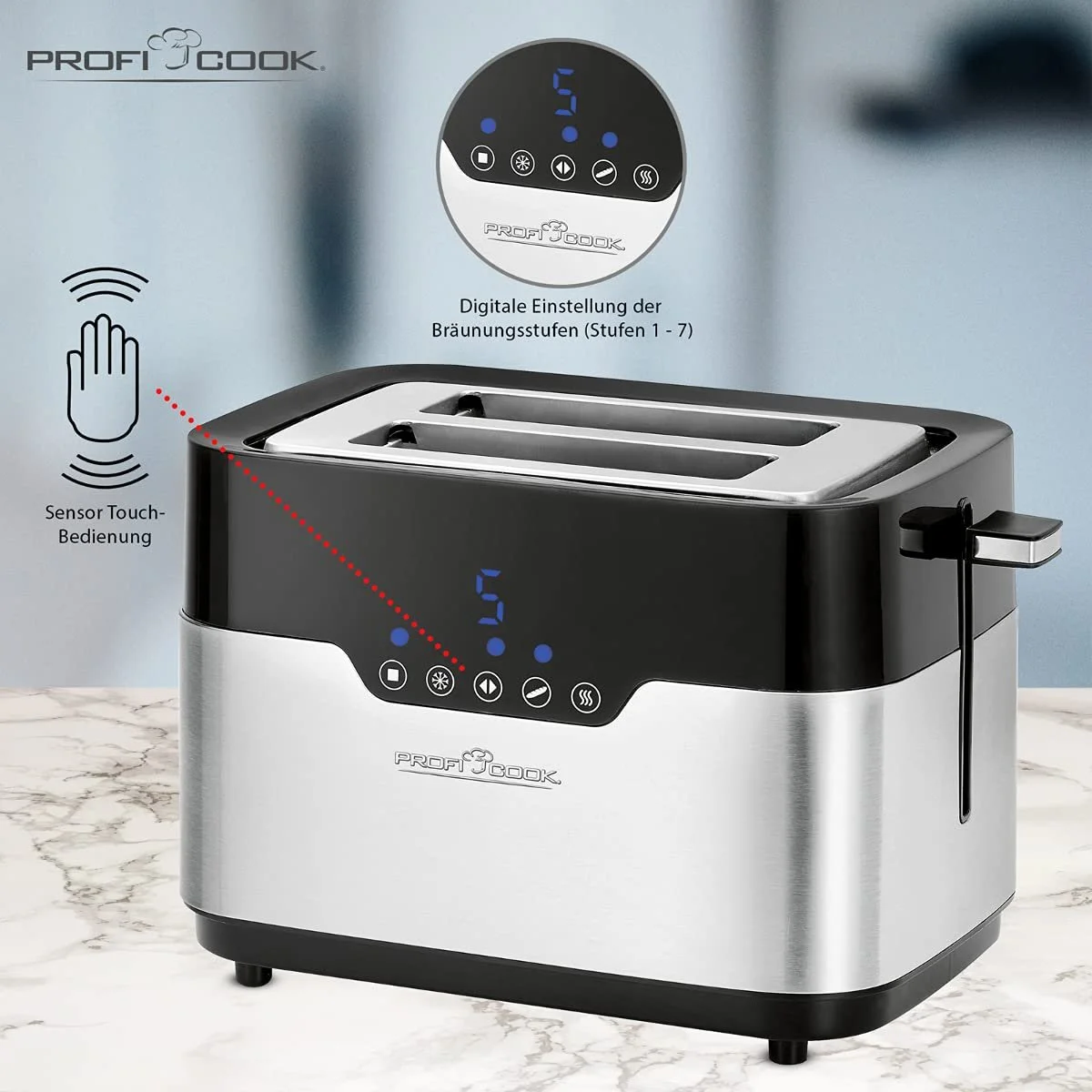 Тостер ProfiCook PC-TA 1170 2 скибочки, сенсорне управління, насадка для булочок, висувний піддон для крихт, функція центрування, 7 ступенів підсмажування, нержавіюча сталь, чорний, фото №5