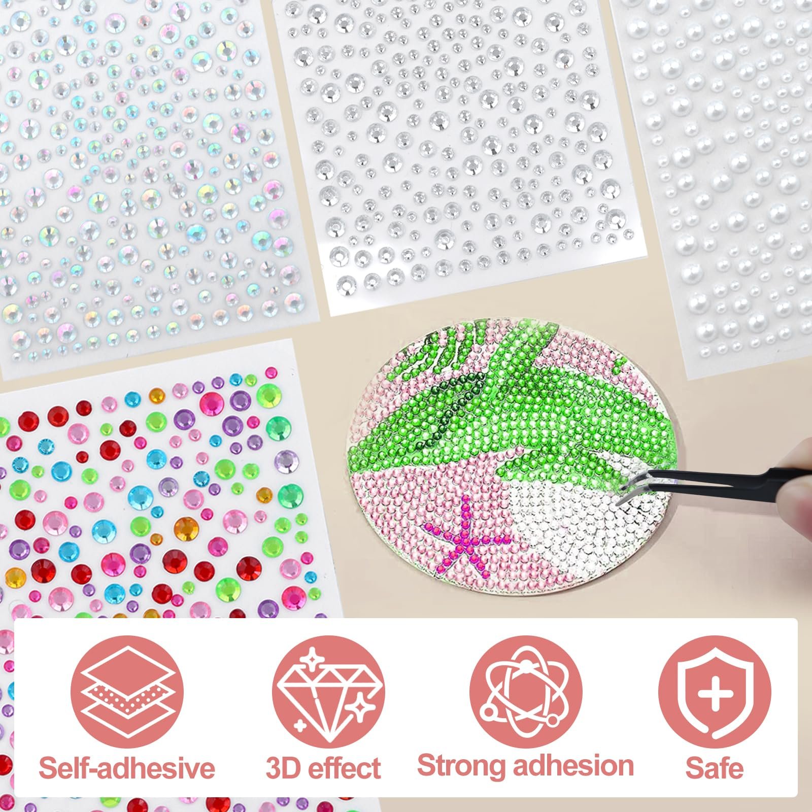 Самоклеящиеся блестящие камни 2600 штук, блестящие камни для лица 3-4-5-6 мм, полубусины со стразами с пинцетом для рукоделия, для макияжа лица, фото №4
