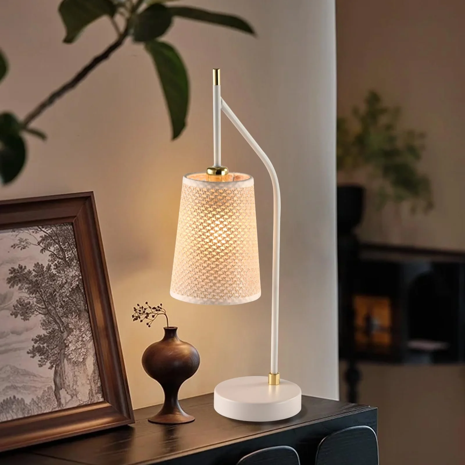 Настільна лампа LQWELL Retro Vintage E14 метал бежева тканинна кришка біла з золотом, фото №7