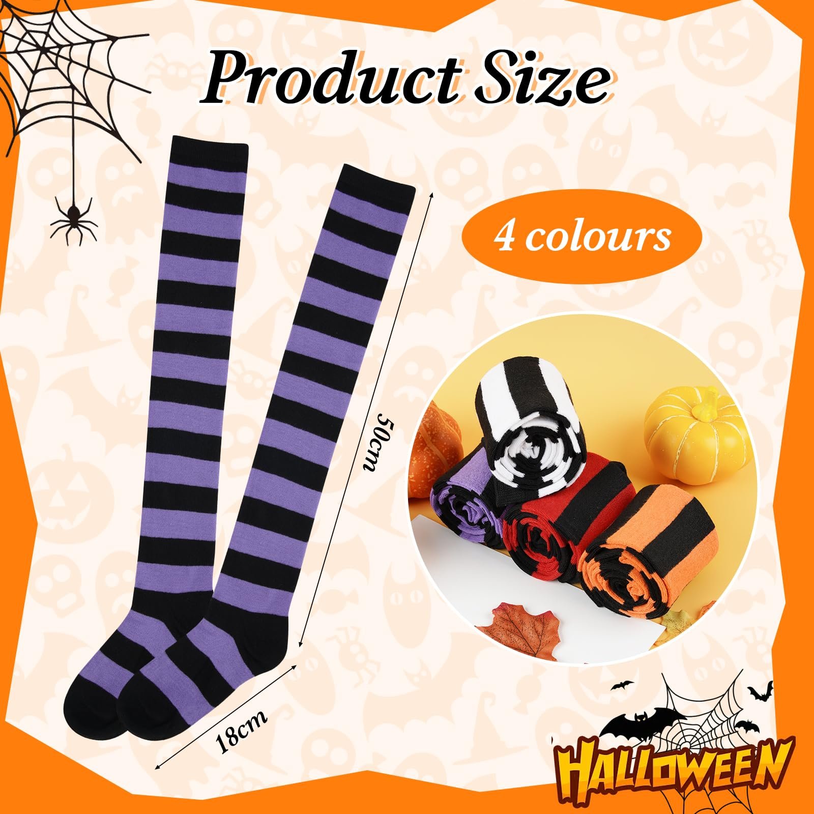 4 пары женских полосатых чулок выше колена, полосатые высокие носки для девочек, карнавальная тематическая вечеринка, костюм для вечеринки на Хэллоуин, фото №2