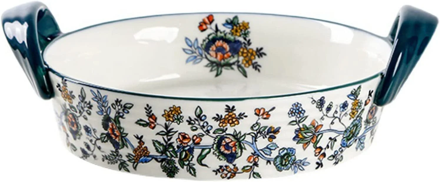 Форма для запекания керамическая круглая с ручкой 900 мл зеленая, фото №1 Форма для запекания керамическая круглая с ручкой 900 мл зеленая, фото №1