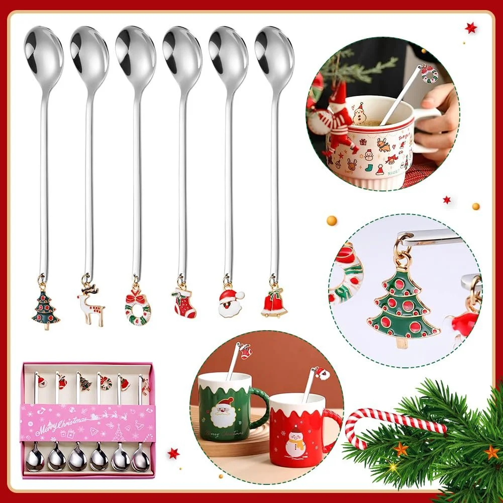 Набор рождественских ложек, 6 штук, кофейные ложки, нержавеющая сталь, длинная ложка с рождественским кулоном, рождественское украшение стола, рождественские столовые приборы, ложка для перемешивания рождественского десертного чая с подарочной коробкой, фото №5
