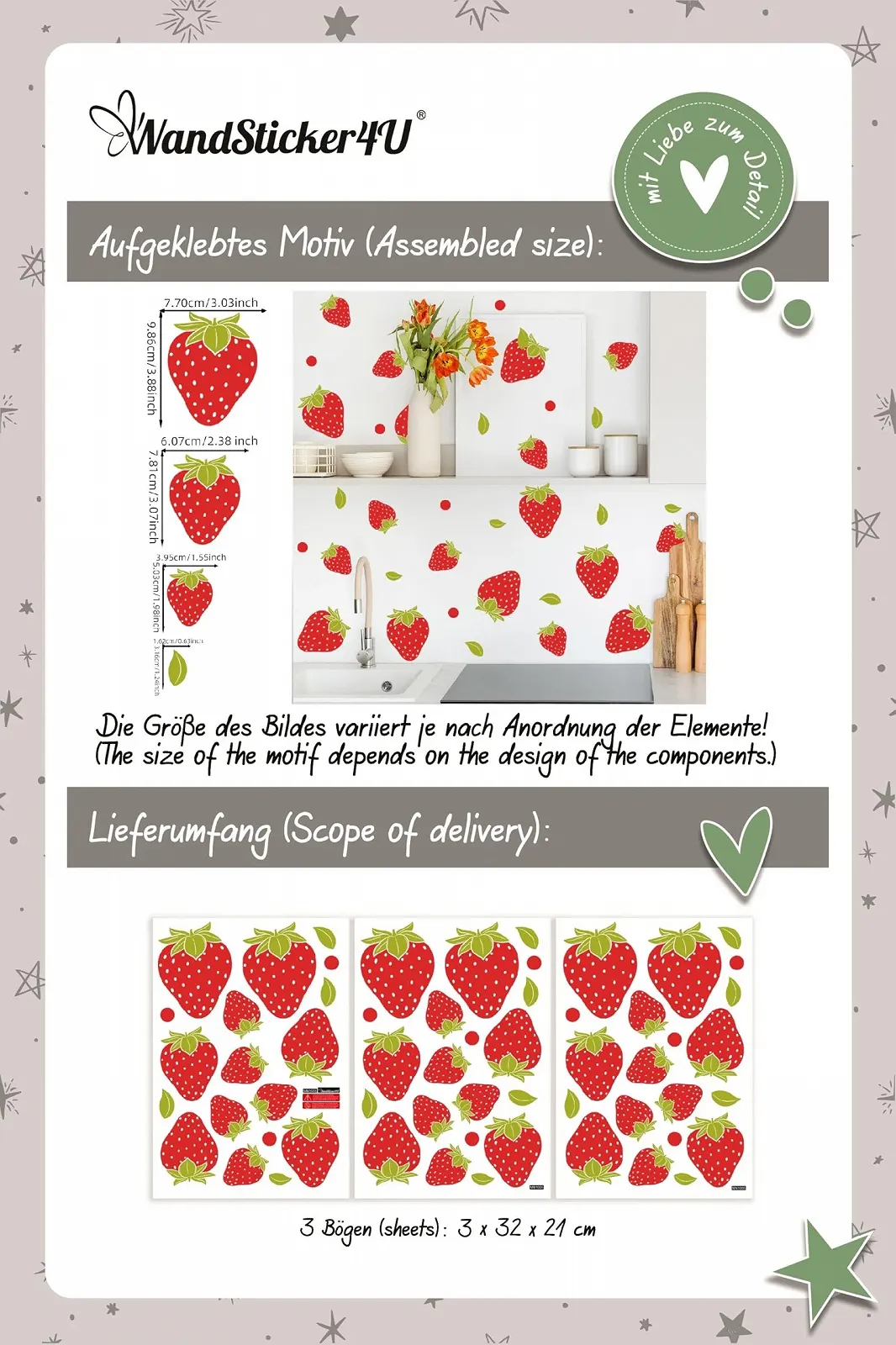 Наклейка на стіну WandSticker4U Strawberries набір з 3 шт. DIY, фото №6 Наклейка на стіну WandSticker4U Strawberries набір з 3 шт. DIY, фото №6