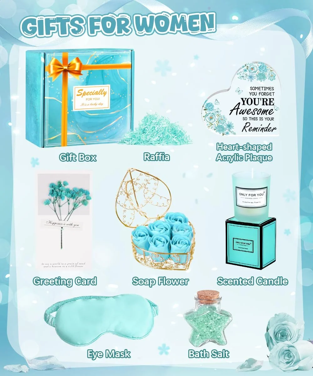 Подарунковий набір Акрилова табличка, Мило-квітка, Ароматична свічка, Сіль для ванн, Маска для сну Синій, фото №1