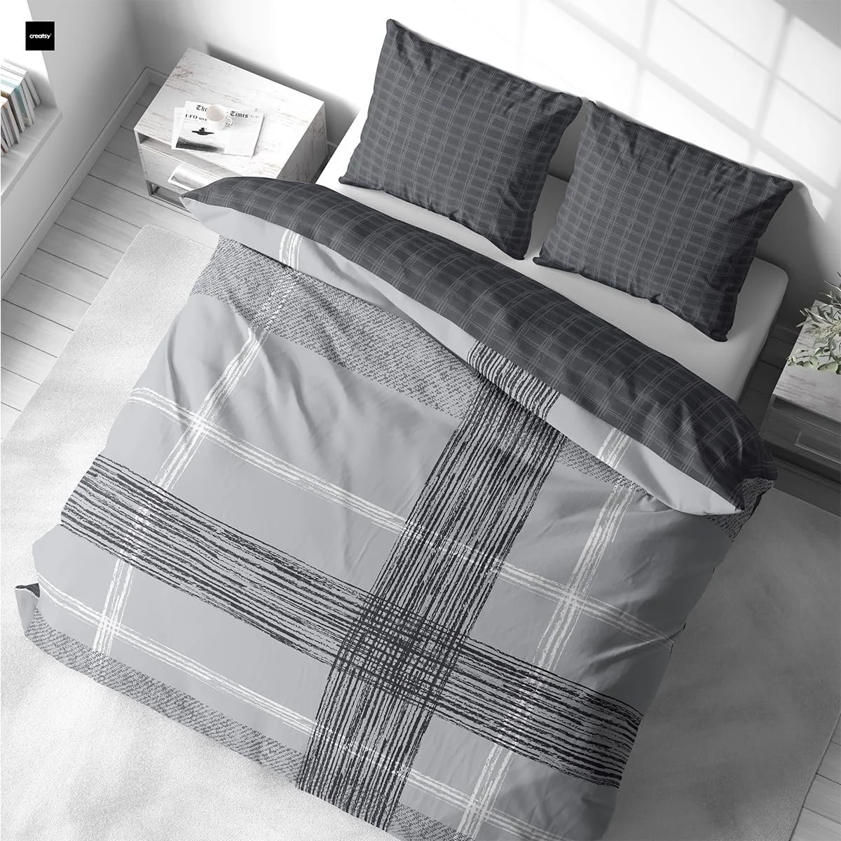 Постільна білизна Visaggio 200 x 220 см, бавовна, двостороння, у смужку, на блискавці Антрацитовий/Сірий, фото №2