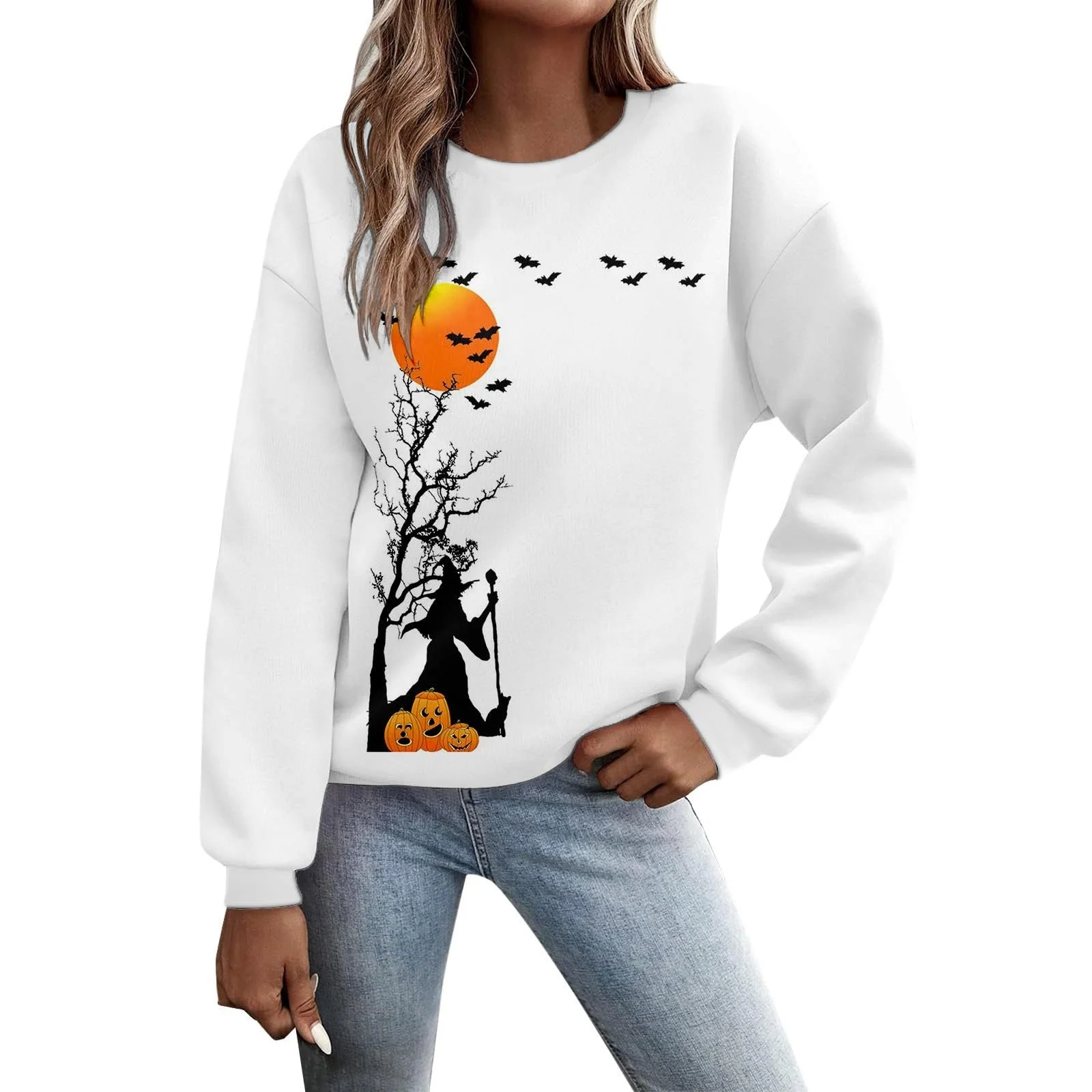 Женский пуловер Pumpkin Print Halloween, длинный рукав, оверсайз, без капюшона, круглый вырез, классический джемпер, свитер, цвет Halloween Costume, фото №1