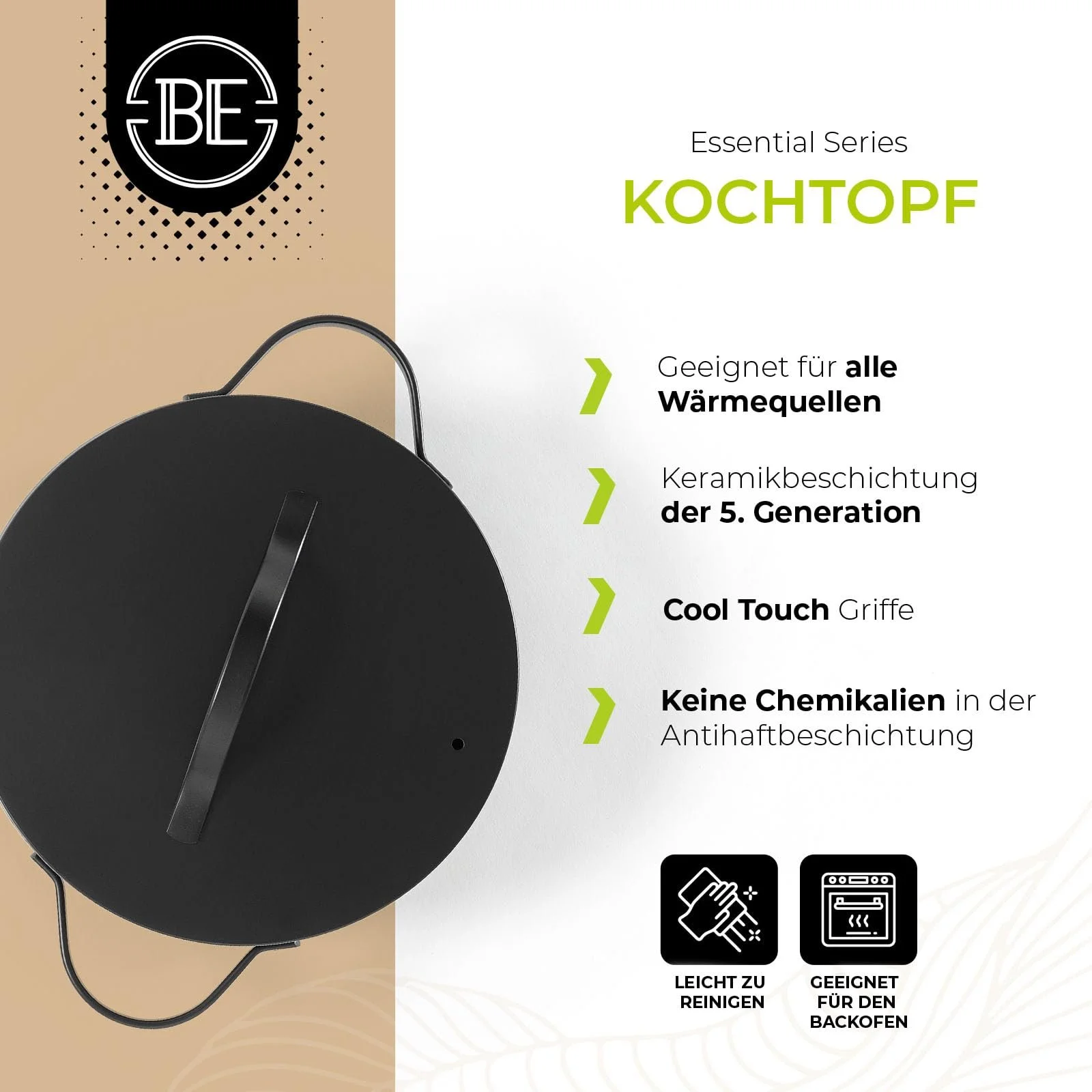 Кастрюля Be Living Essential 24 см (4 литра) с крышкой, индукционная, керамическое антипригарное покрытие, черная, фото №2 Кастрюля Be Living Essential 24 см (4 литра) с крышкой, индукционная, керамическое антипригарное покрытие, черная, фото №2