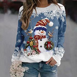 Рождественский свитшот Qixiu с оленями, снеговиком и снежинками, с круглым вырезом synthetic.ua - Фото 1