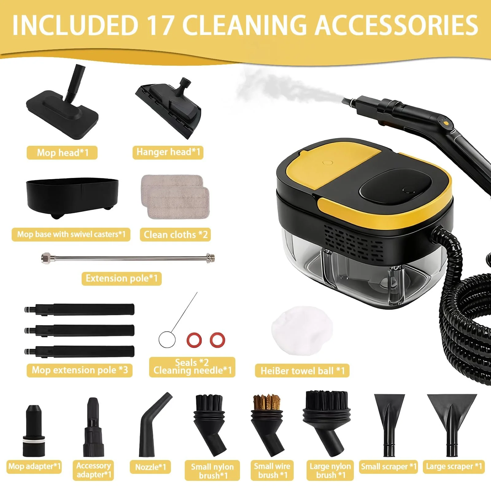 Пароочисник 2500 W ручний з 17 аксесуарами 1.6 L 4 bar Портативний, фото №7