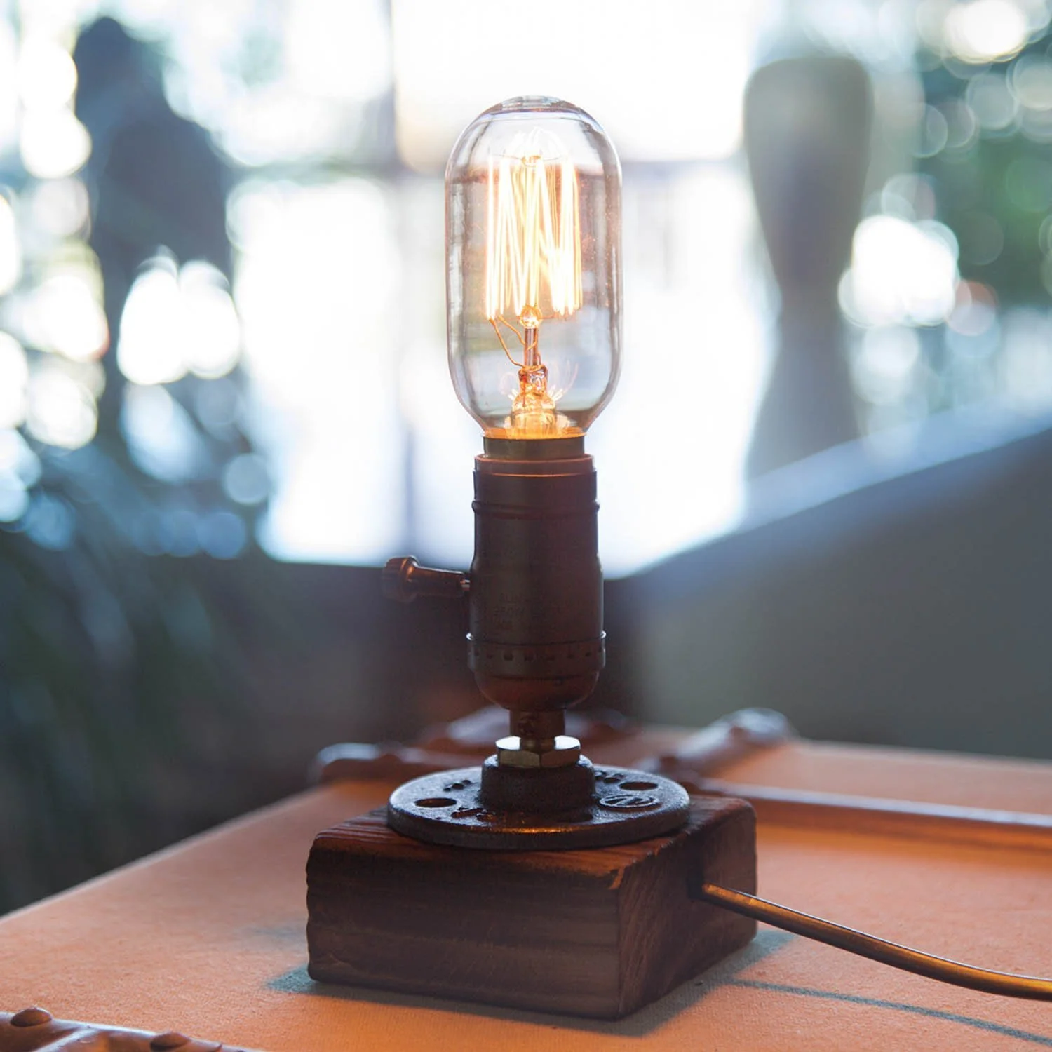 Настільна лампа дерев'яна вінтажна в індустріальному стилі E27 з димером Коричневий, фото №8